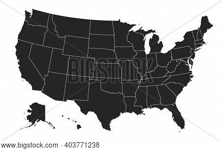 Black United States Of America Map. Us Background Template. Map Of America With Separated Countries 