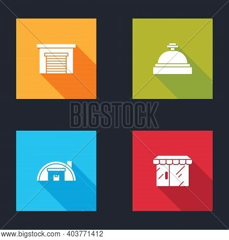 Set Garage, Hotel Service Bell, Warehouse And Market Store Icon. Vector