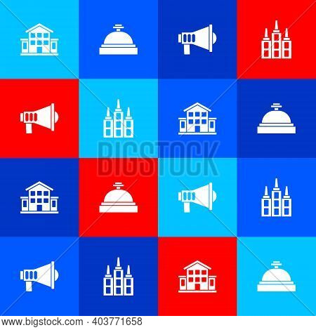 Set House, Hotel Service Bell, Megaphone And Skyscraper Icon. Vector