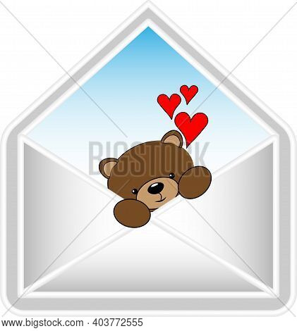 Letter With Bears In An Envelope. Declaration Of Love. Bear With Hearts.