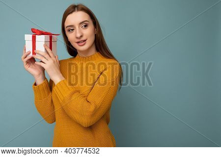 Shot Of Attractive Positive Smiling Young Brunette Woman Isolated Over Colourful Background Wall Wea
