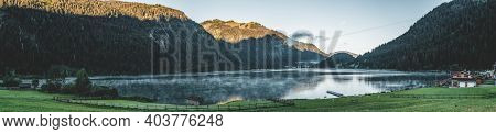 Panoramic View Of Haldensee Lake In Morning Hour In Austria