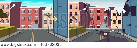 Urban Landscape. Damaged City Earthquake, Broken Road And Buildings. Whole And Destroyed City Vector
