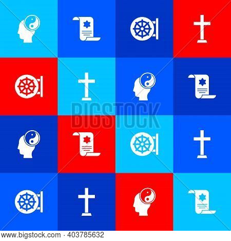 Set Yin Yang, Torah Scroll, Dharma Wheel And Christian Cross Icon. Vector