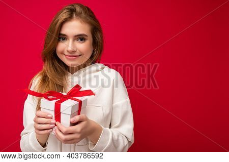Beautiful Happy Young Blonde Woman Isolated Over Colourful Background Wall Wearing Stylish Casual Cl