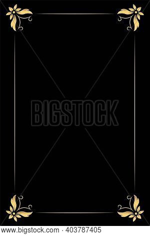 Goldren Vintage Vertical Frame Border On Black Background. Retro Floral Ornament Pattern Vector Illu