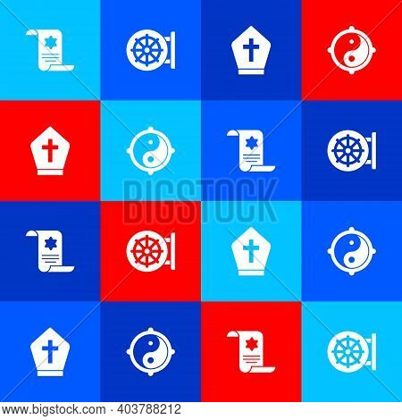 Set Torah Scroll, Dharma Wheel, Pope Hat And Yin Yang Icon. Vector