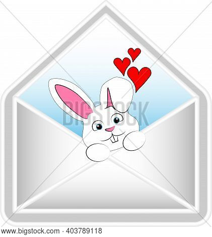 Rabbit In Konyerte. Valentine's Day Envelope. Gift In An Envelope. Hare In An Envelope. Red Hearts.