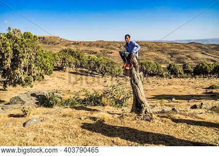Simien Mountains, Ethiopia - Feb 07, 2020: Ethiopian People At Simien Mountains National Park In Eth