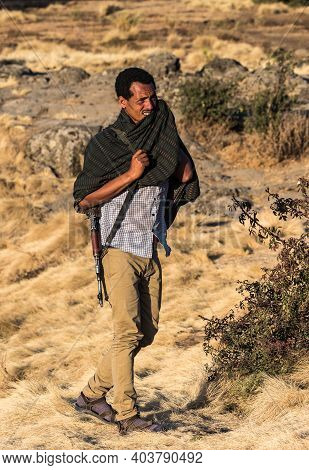 Simien Mountains, Ethiopia - Feb 07, 2020: Ethiopian People At Simien Mountains National Park In Eth
