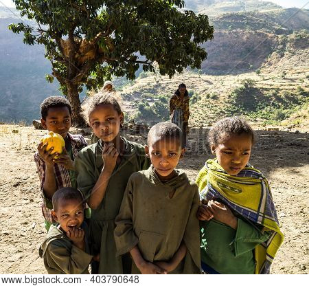 Simien Mountains, Ethiopia - Feb 08, 2020: Ethiopian People At Simien Mountains National Park In Eth