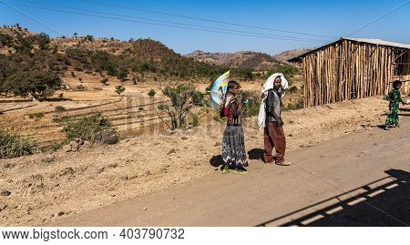 Aksum, Ethiopia - Feb 08, 2020: Ethiopian People On The Road From Axum To The Simien Mountains, Nort