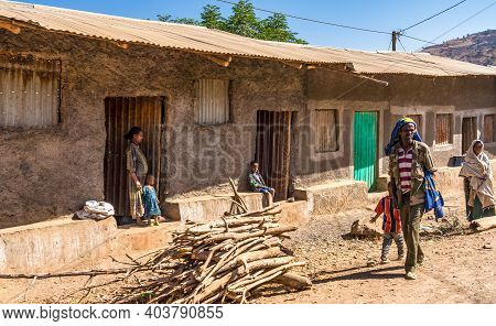 Aksum, Ethiopia - Feb 08, 2020: Ethiopian People On The Road From Axum To The Simien Mountains, Nort