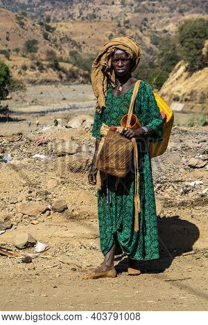 Aksum, Ethiopia - Feb 08, 2020: Ethiopian People On The Road From Axum To The Simien Mountains, Nort