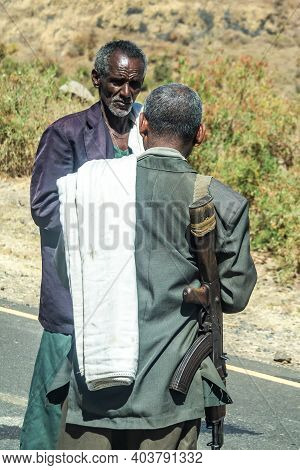 Aksum, Ethiopia - Feb 08, 2020: Ethiopian People On The Road From Axum To The Simien Mountains, Nort