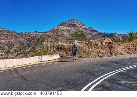 Aksum, Ethiopia - Feb 08, 2020: Ethiopian People On The Road From Axum To The Simien Mountains, Nort
