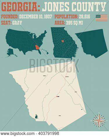 Large And Detailed Map Of Jones County In Georgia, Usa.