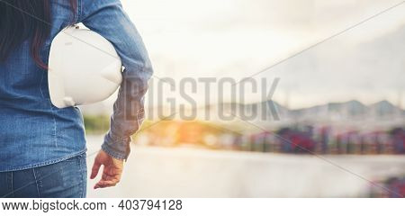 Banner Woman Engineer Entrepreneur Constrcution Industry Worker. Panoramic Female Engineer Working R