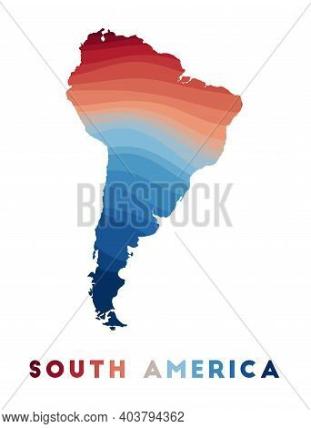 South America Map. Map Of The Continent With Beautiful Geometric Waves In Red Blue Colors. Vivid Sou