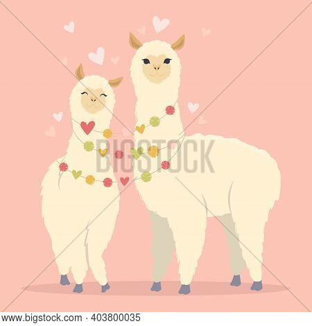 Valentines Day Flat Illustration. Be My Llamantine Card For With Cute Llama Alpaca And Hearts. Greet