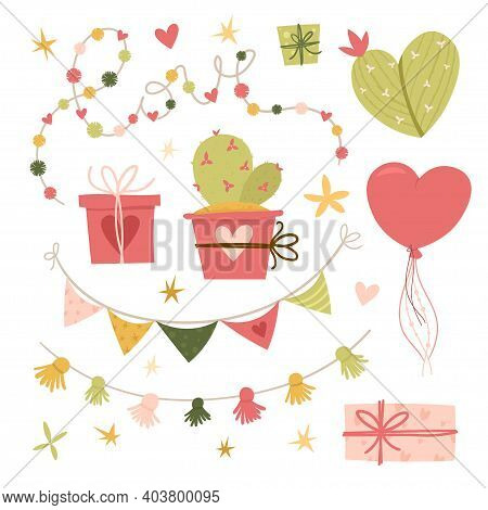 Valentines Day Flat Illustration. Collection Design Elements With Cactus, Lovely Flowers, Hearts. Gi