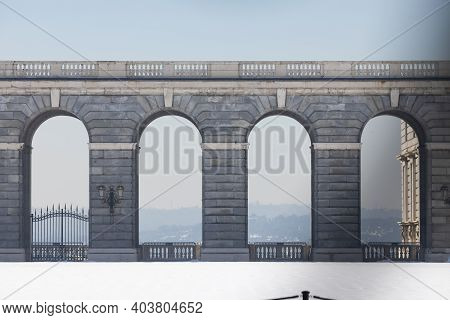 Madrid, Spain - January 17, 2021: Details Of The Royal Palace, With Its Main Esplanade, Still Covere
