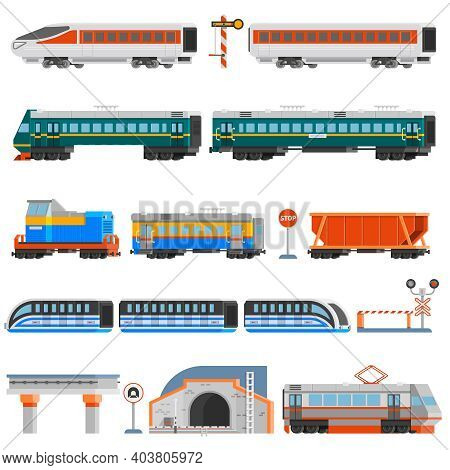 Rail Transport Flat Colorful Icons Set Of Passenger And Cargo Wagons Locomotives Tram Tunnel Monorai