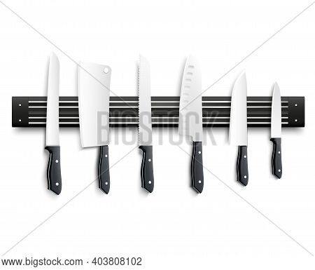 Variety Of Kitchen Knives With Black Handle On Magnetic Strip On White Background 3d Vector Illustra