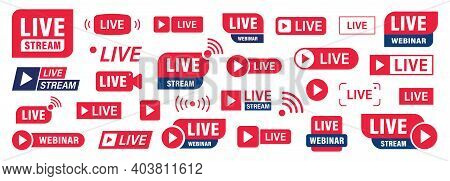 Set Of Live Stream Or Webinar Icons. Colored Button. Live Event. Stream, Webinar, Chat. Vector Illus