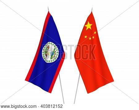 National Fabric Flags Of China And Belize Isolated On White Background. 3d Rendering Illustration.