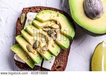 Bruschetta With Avocado, Cheese. The Concept Of Eco Products. Organic Farm Dairy Products, Cheeses, 