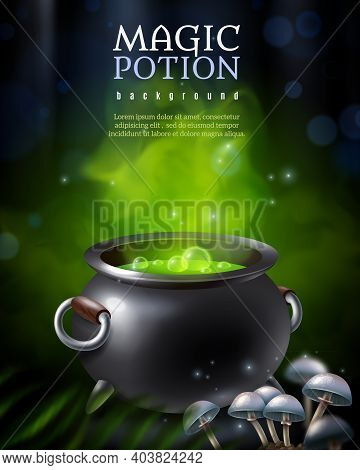 Magic Potion Background With Black Potty And Green Steaming Hebenon Boiling Away With Toadstool Mush