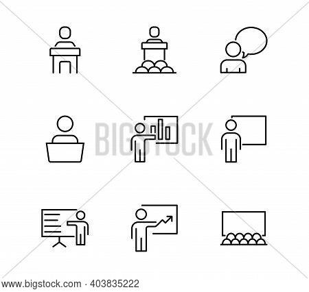 Set Of Business Presentation Related Vector Line Icons. Contains Icons Such As Presenter, Teacher, A