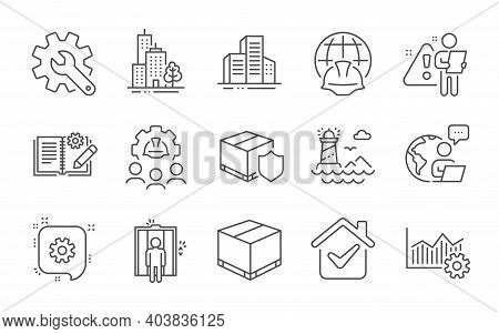 Global Engineering, Delivery Box And Lighthouse Line Icons Set. Cogwheel, Buildings And Engineering 