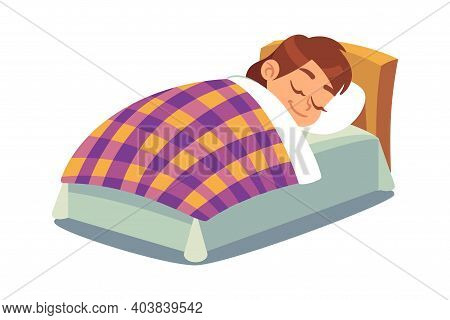 Little Girl Sleeping In Bed. Happy Child Sleeps Under Duvet In Bedroom, Peacefully Sleep On Mattress