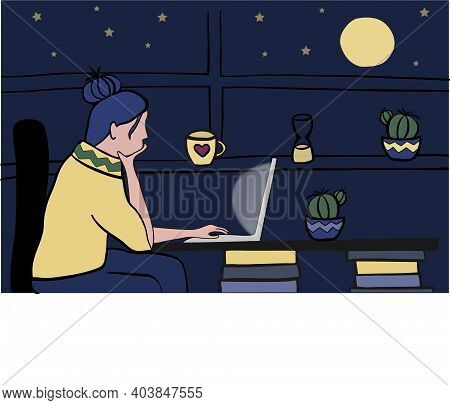Young Woman Using Laptop Late In The Evening At Home Against Window With Dark Starry Sky And Bright 