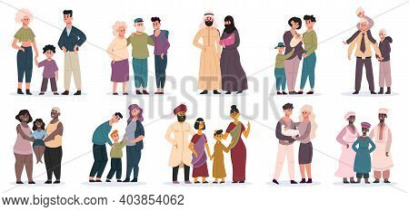 Happy Families. Large Families Together, Mom, Dad And Children, Smiling Mother, Father And Kids Vect