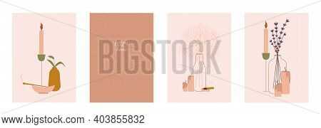 A Set Of Four Pink Posters. Home Decor Elements On A Pink Background. Cozy House. Candles And Flower