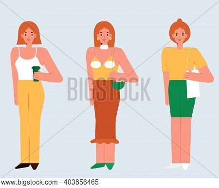 A Red-haired Young Women Standing. Set Of Three Beautiful Girls In Outfits. Simple Flat Vector Illus