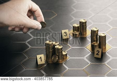 Human Hand Stacking Generic Coins Over Black Background With Hexagonal Golden Shapes. Concept Of Ang