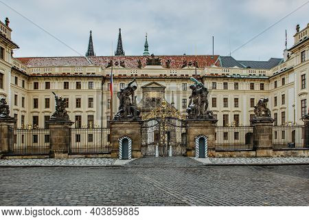 Empty And Closed Prague Castle, Czech Republic, During Covid-19 Pandemic Lockdown In January 2021.ma