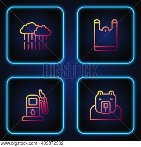 Set Line Polar Bear Head, Petrol Or Gas Station, Cloud With Rain And Plastic Bag. Gradient Color Ico