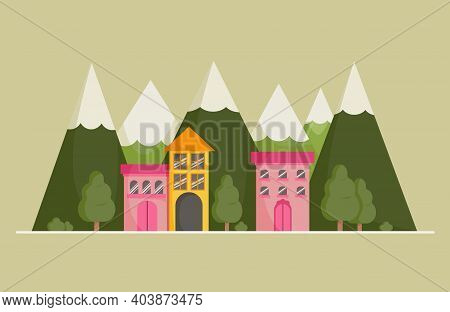 Cute Houses And Mountains. Spring And Summer Background For Banner,greeting Card And Poster. Landsca