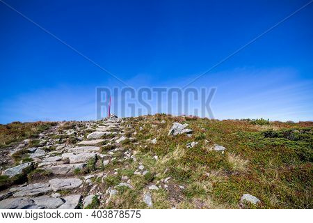 Hiking Trail To Babia Gora Mountain In Beskid Sadecki In Poland, On A Sunny Summer Day, Under Blue S