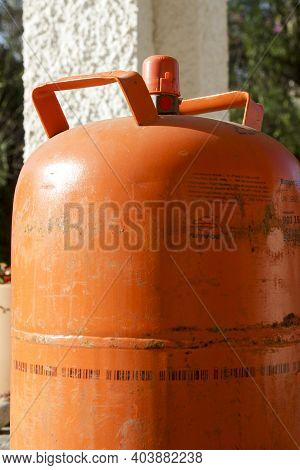 Madrid, Spain- January 17, 2021:traditional Metal Butane Gas Bottle At Home In Spain
