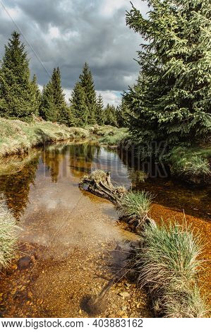 Fall Spring View Of Mountain Landscape, Fresh Cold Stream And Large Meadow At Jizerka Settlement,cze