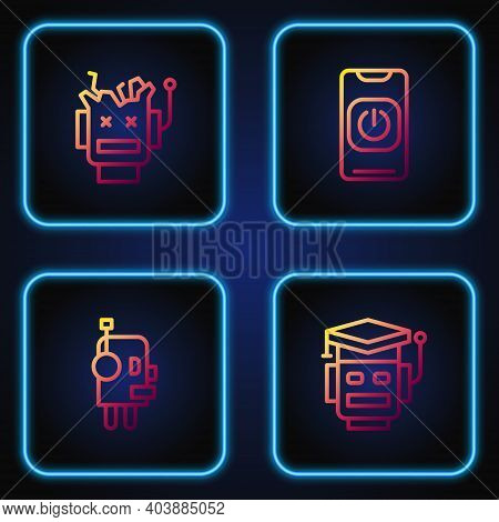 Set Line Robot, , Broken Robot And Turn Off From Phone. Gradient Color Icons. Vector