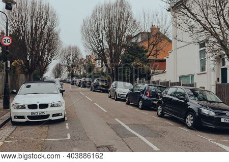 London, Uk - January 01, 2021: Cars Parked On A Street In Muswell Hill, A Suburban Area Of North Lon
