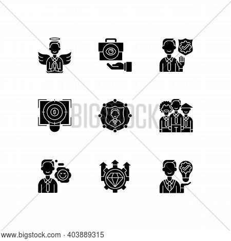 Service With Integrity Black Glyph Icons Set On White Space. Humility, Service Integrity. Business T