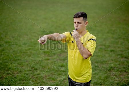 Referee Indicates A Violation Of The Rules. Concept Of Sport, Rules Violation, Controversial Issues,